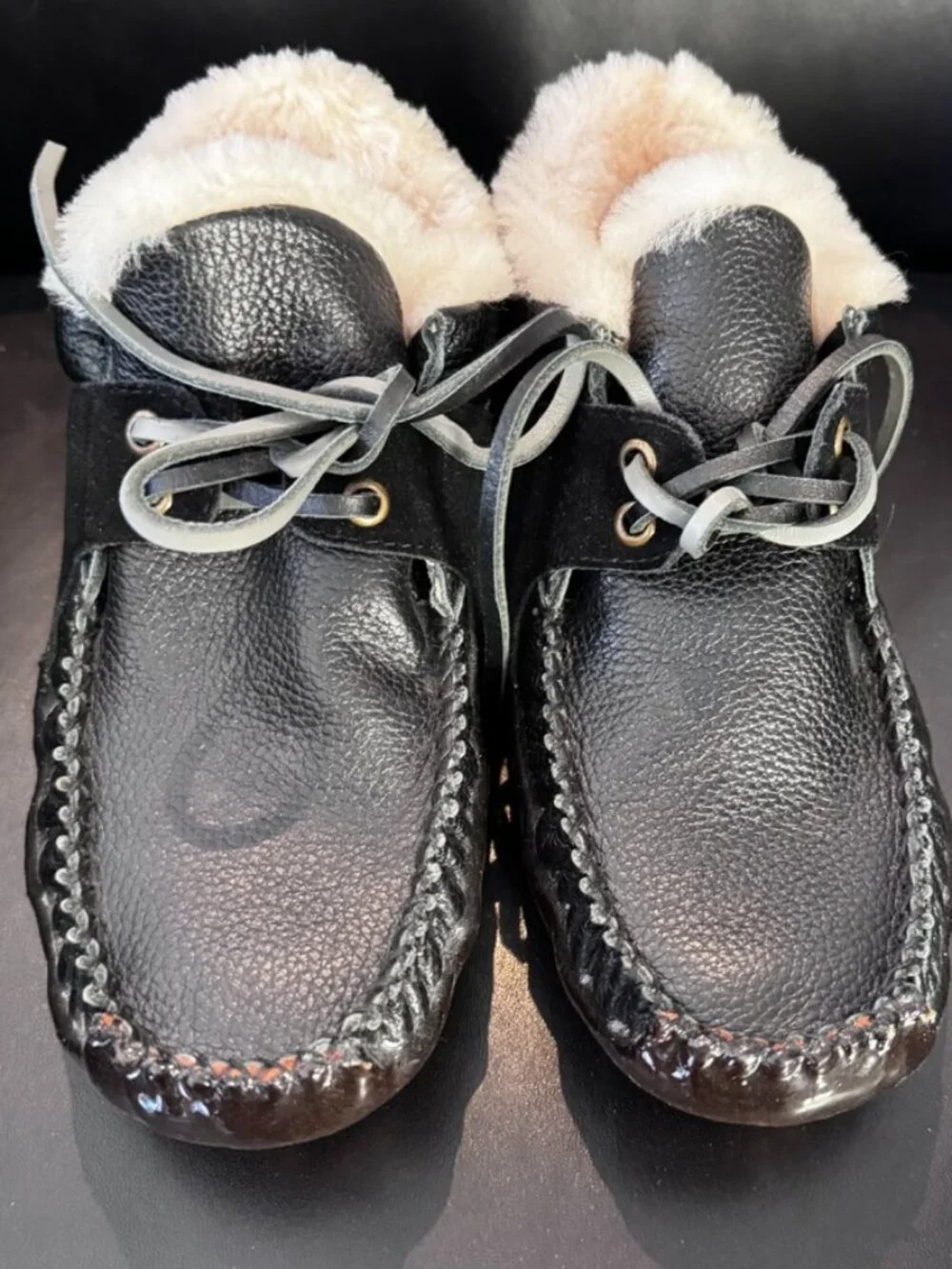 Australia Luxe Collective Kids' Black Leather Shearling Moccasin Slippers, New